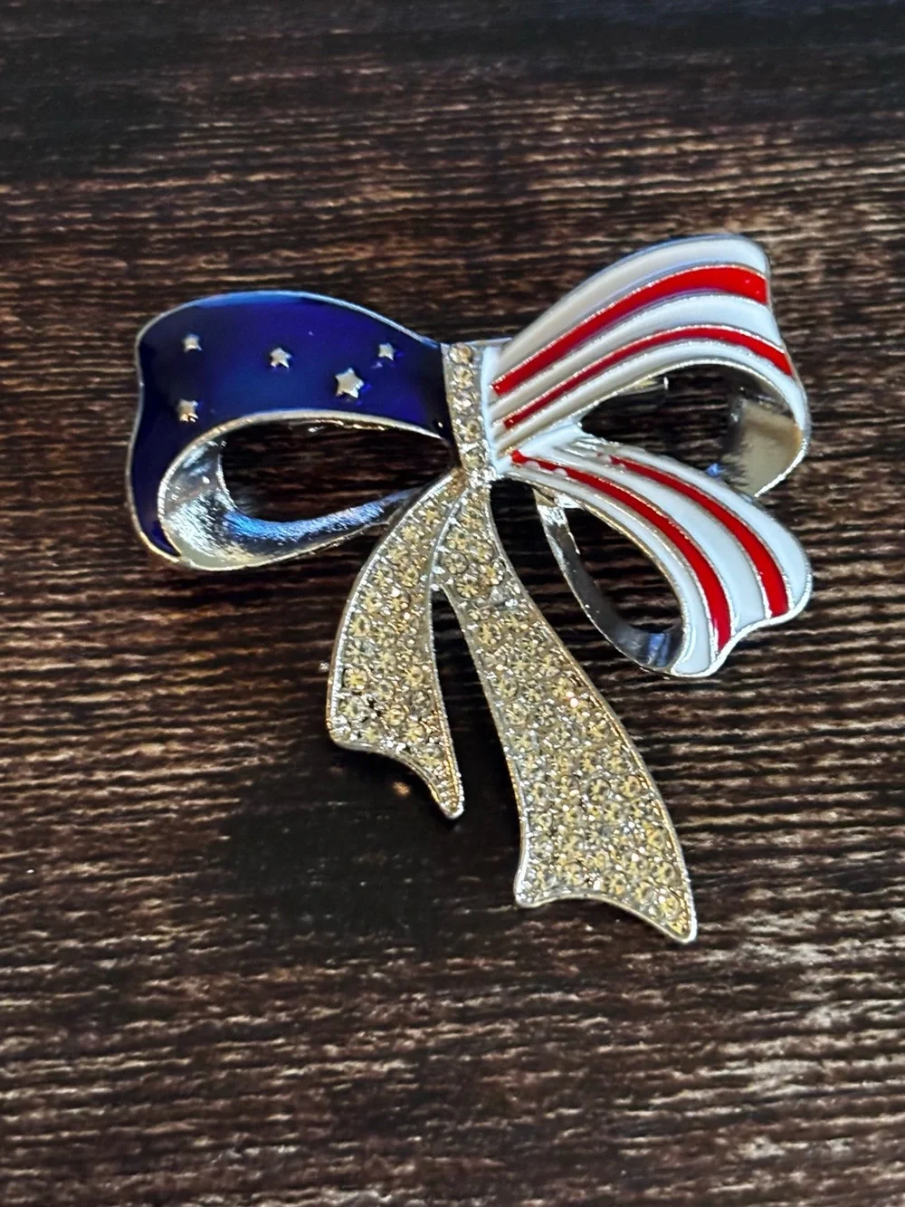 Patriotic Bow Brooch - Red, White &‎ Blue with Rhinestones in Silver Tone